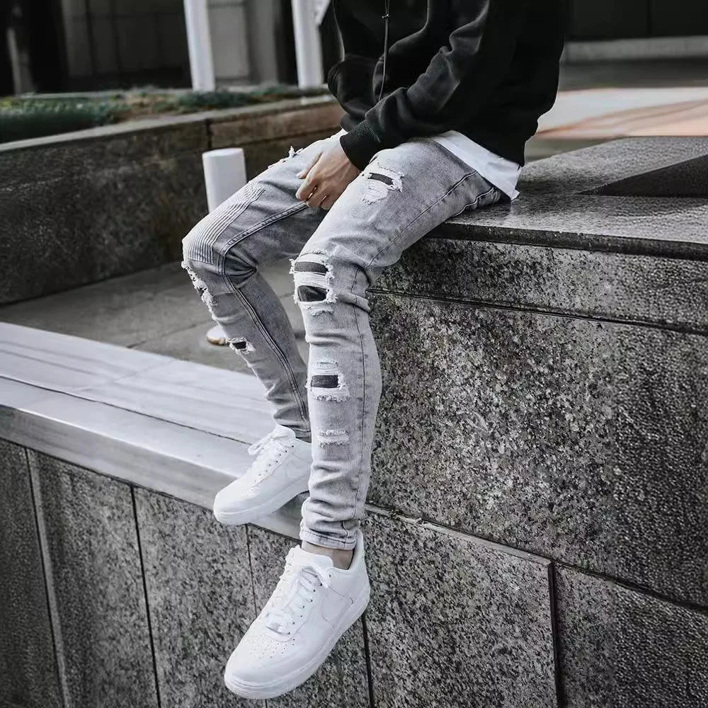 2025 New Men Light Blue Distressed Ripped Stretch Skinny Jeans Slim Fit Trendy Casual Long Pants Multi Color Options